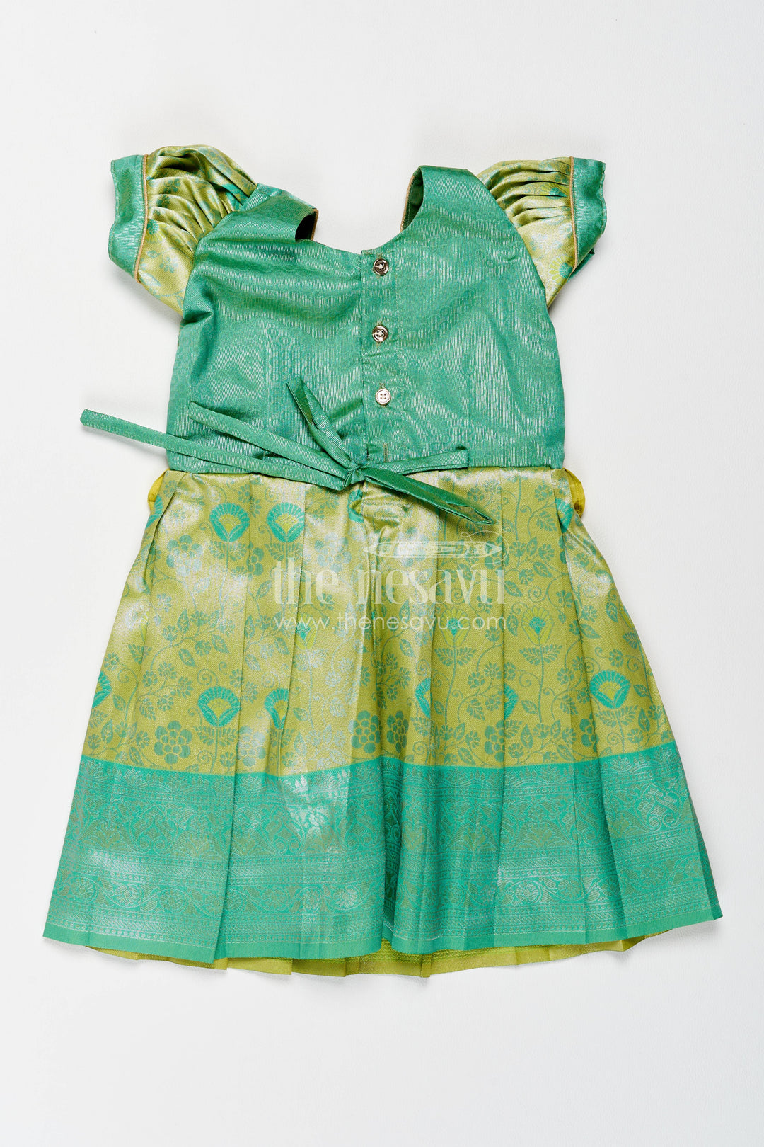 The Nesavu Girls Kanchi Silk Frock Girls Kanchi Silk Frock in Turquoise for Party Memories Nesavu Nesavu Girls Kanchi Silk Frock In Turquoise For Parties And Memorable