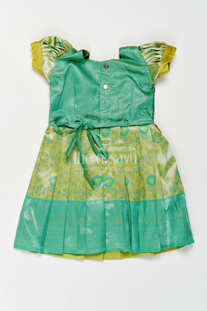 The Nesavu Girls Kanchi Silk Frock Girls Kanchi Silk Frock in Turquoise for Party Memories Nesavu Nesavu Girls Kanchi Silk Frock In Turquoise For Parties And Memorable