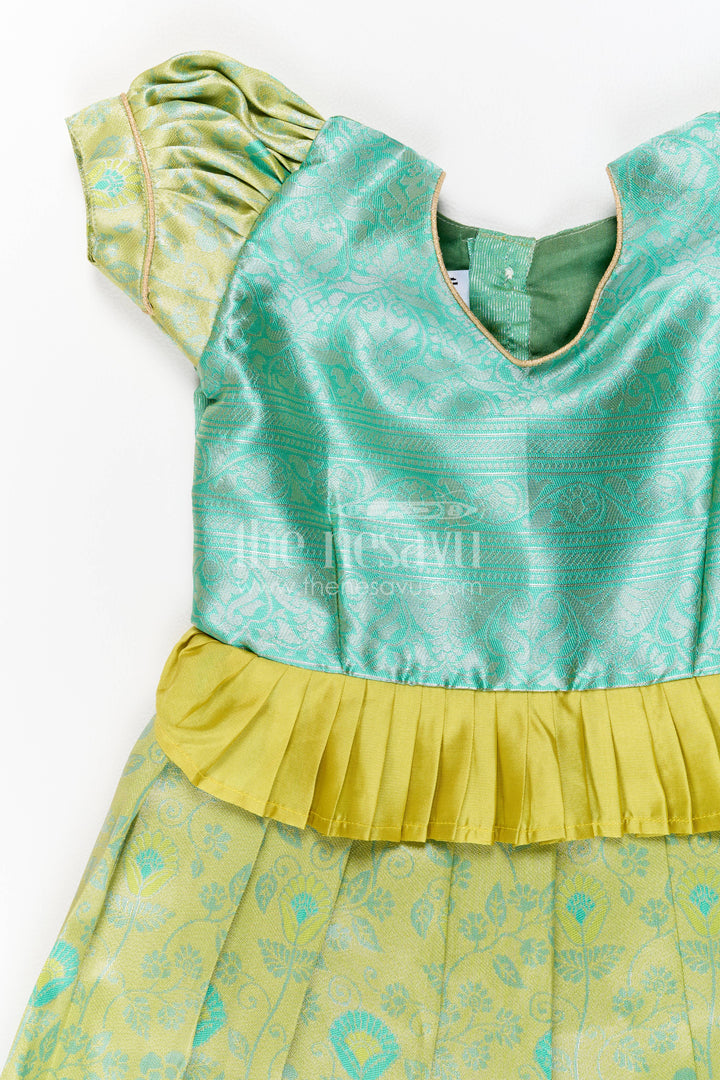 The Nesavu Girls Kanchi Silk Frock Girls Kanchi Silk Frock in Turquoise for Party Memories Nesavu Nesavu Girls Kanchi Silk Frock In Turquoise For Parties And Memorable