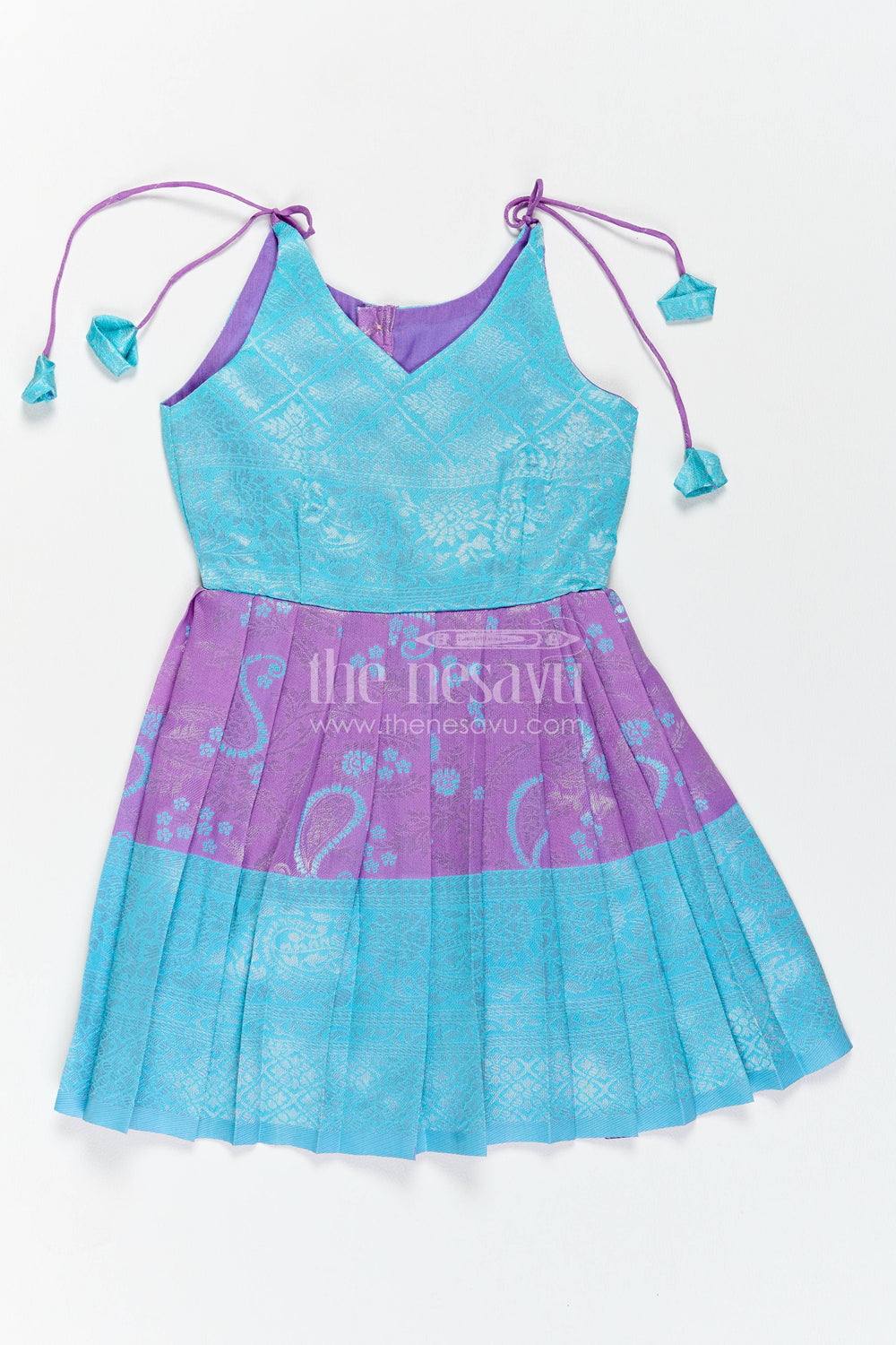 The Nesavu Girls Kanchi Silk Frock Girls Kanchi Silk Frock in Turquoise with Woven Texture Nesavu 18 (2Y) / Turquoise / Style 1 KSF079BA-18 Nesavu Girls Kanchi Silk Frock With Woven Texture For Festive Occasion KSF079BA-18