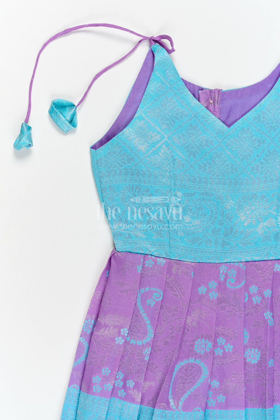 The Nesavu Girls Kanchi Silk Frock Girls Kanchi Silk Frock in Turquoise with Woven Texture Nesavu Nesavu Girls Kanchi Silk Frock With Woven Texture For Festive Occasion