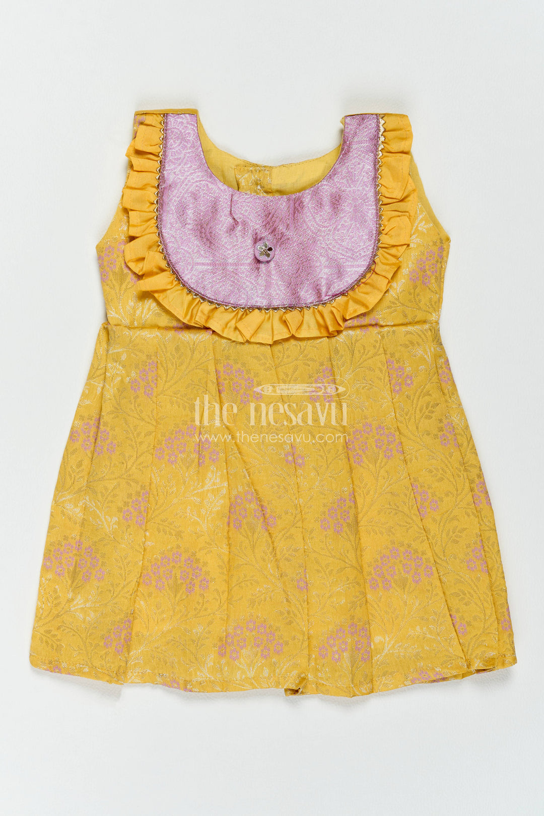 The Nesavu Girls Kanchi Silk Frock Girls Kanchi Silk Frock in Yellow with Smart Tailoring Nesavu 10 (NB) / Yellow / Style 4 KSF082BD-10 Nesavu Girls Kanchi Silk Frock In Yellow For Parties And Memorable KSF082BD-10