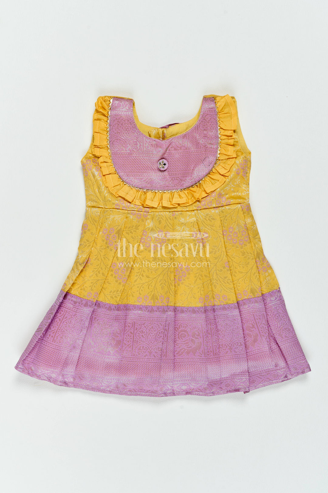 The Nesavu Girls Kanchi Silk Frock Girls Kanchi Silk Frock in Yellow with Smart Tailoring Nesavu 12 (3M) / Yellow / Style 3 KSF082BC-12 Nesavu Girls Kanchi Silk Frock In Yellow For Parties And Memorable KSF082BC-12
