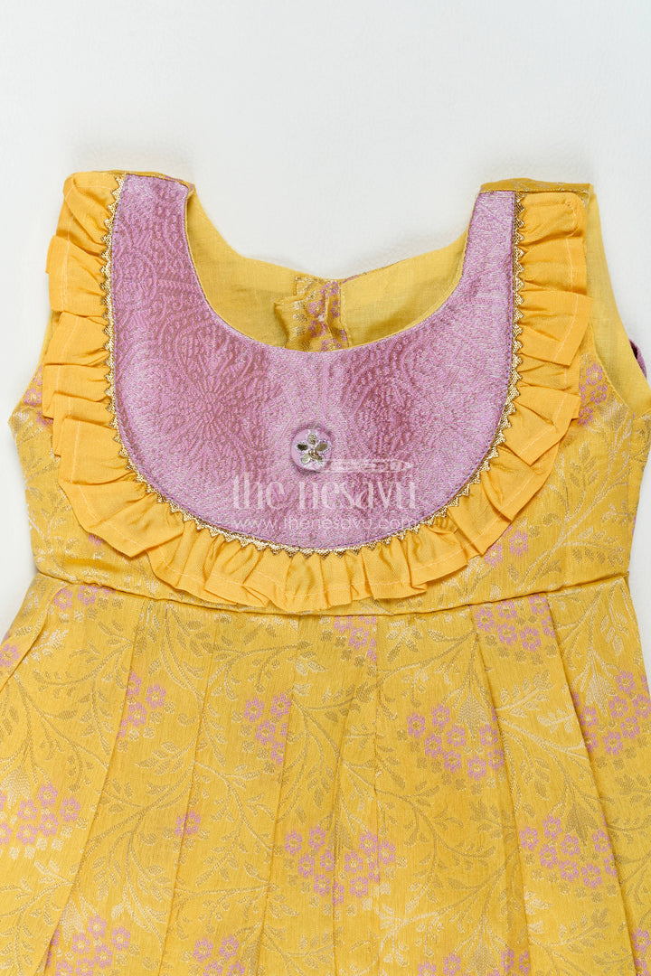 The Nesavu Girls Kanchi Silk Frock Girls Kanchi Silk Frock in Yellow with Smart Tailoring Nesavu Nesavu Girls Kanchi Silk Frock In Yellow For Parties And Memorable