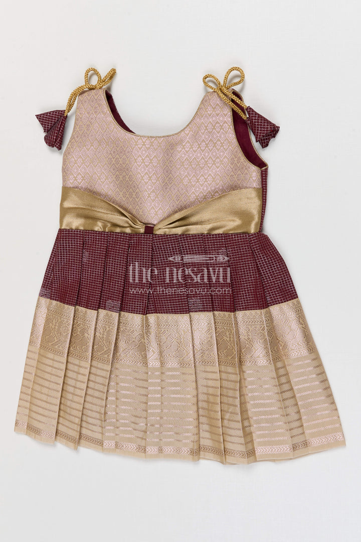The Nesavu Girls Kanchi Silk Frock Girls Kanchi Silk Frock Weddings and Traditional Events Nesavu 10 (NB) / Brown / Style 1 KSF005BA-10 Nesavu Girls Kanchi Silk Frock Saree Inspired Design For Weddings And Festive Occasions