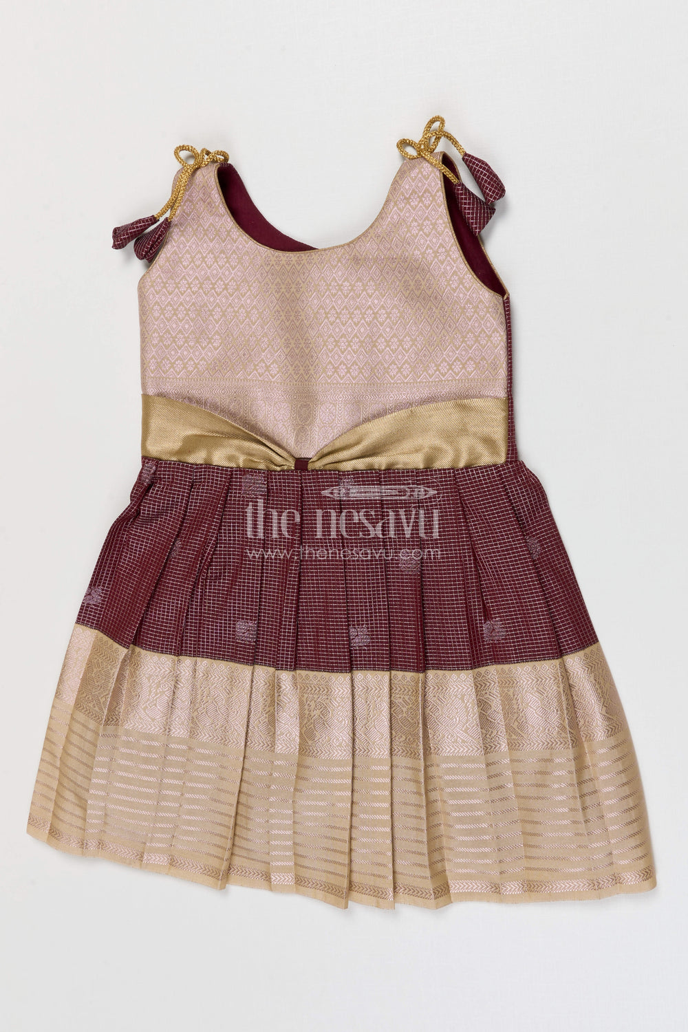 The Nesavu Girls Kanchi Silk Frock Girls Kanchi Silk Frock Weddings and Traditional Events Nesavu 10 (NB) / Brown / Style 2 KSF005BB-10 Nesavu Girls Kanchi Silk Frock Saree Inspired Design For Weddings And Festive Occasions