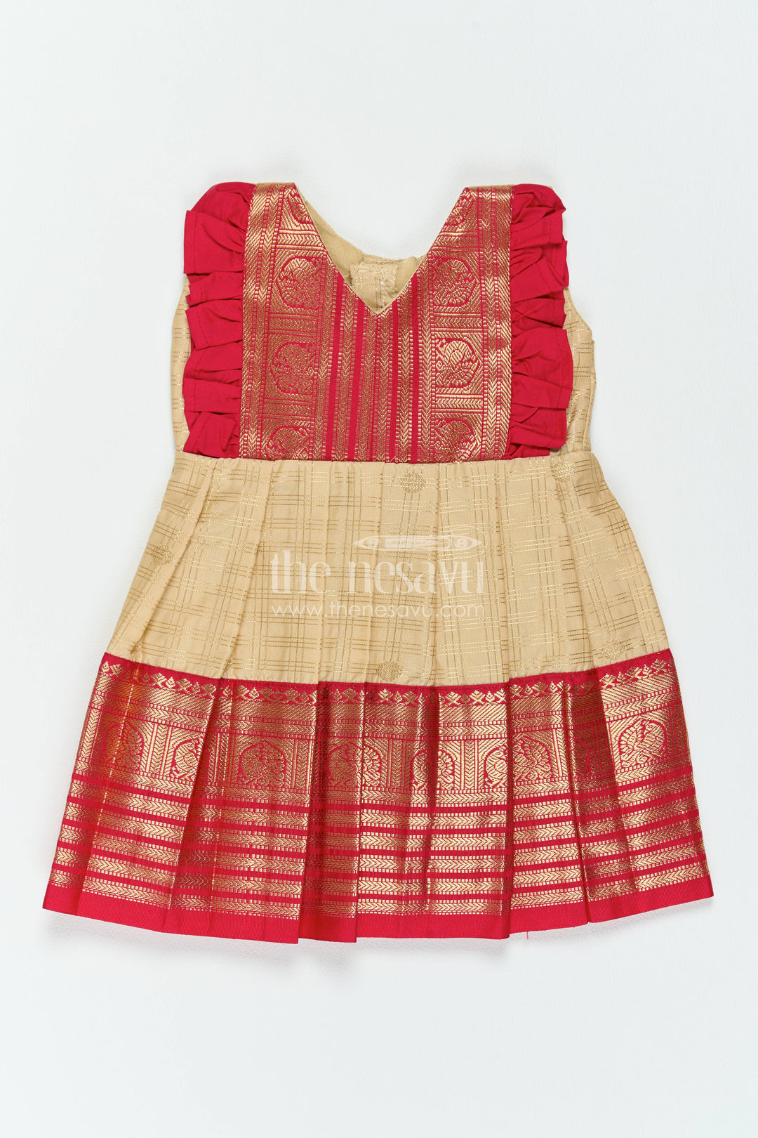 The Nesavu Girls Kanchi Silk Frock Girls Kanchi Silk Frock with Smart Tailoring for Family Functions Nesavu 10 (NB) / Cream / Silk Blend KSF098CB-10 Nesavu Girls Kanchi Silk Frock In Cream For Parties And Memorable KSF098CB-10