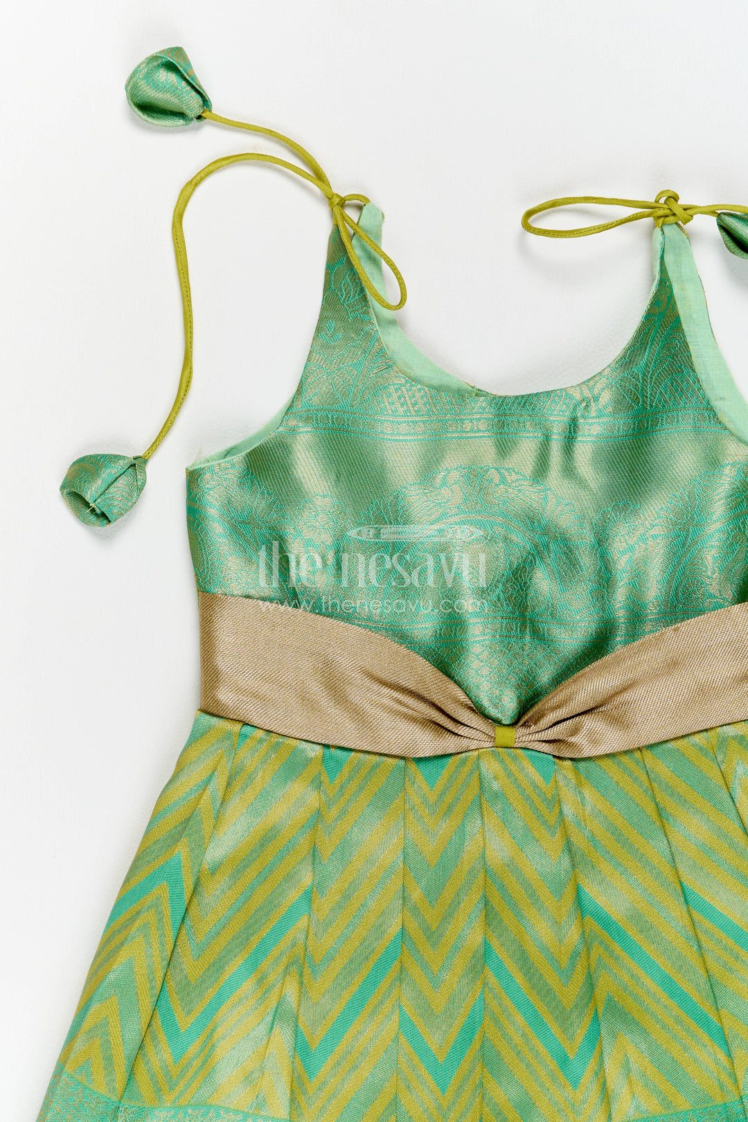 The Nesavu Girls Kanchi Silk Frock Girls Kanchi Silk Frock with Woven Texture for Family Functions Nesavu Nesavu Girls Kanchi Silk Frock In Green For Special Functions