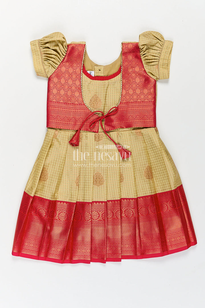 The Nesavu Girls Kanchi Silk Frock Girls Kanchivaram Cream Colour Frocks with Puff Sleeves and Rich Red Zari Border for Elegant Ethnic Appeal Nesavu 14 (6M) / Cream / Style 2 SF840AB-14 Nesavu Girls Cream Colour Frocks Kanchivaram Silk Red Zari Border Puff Sleeve Overlay