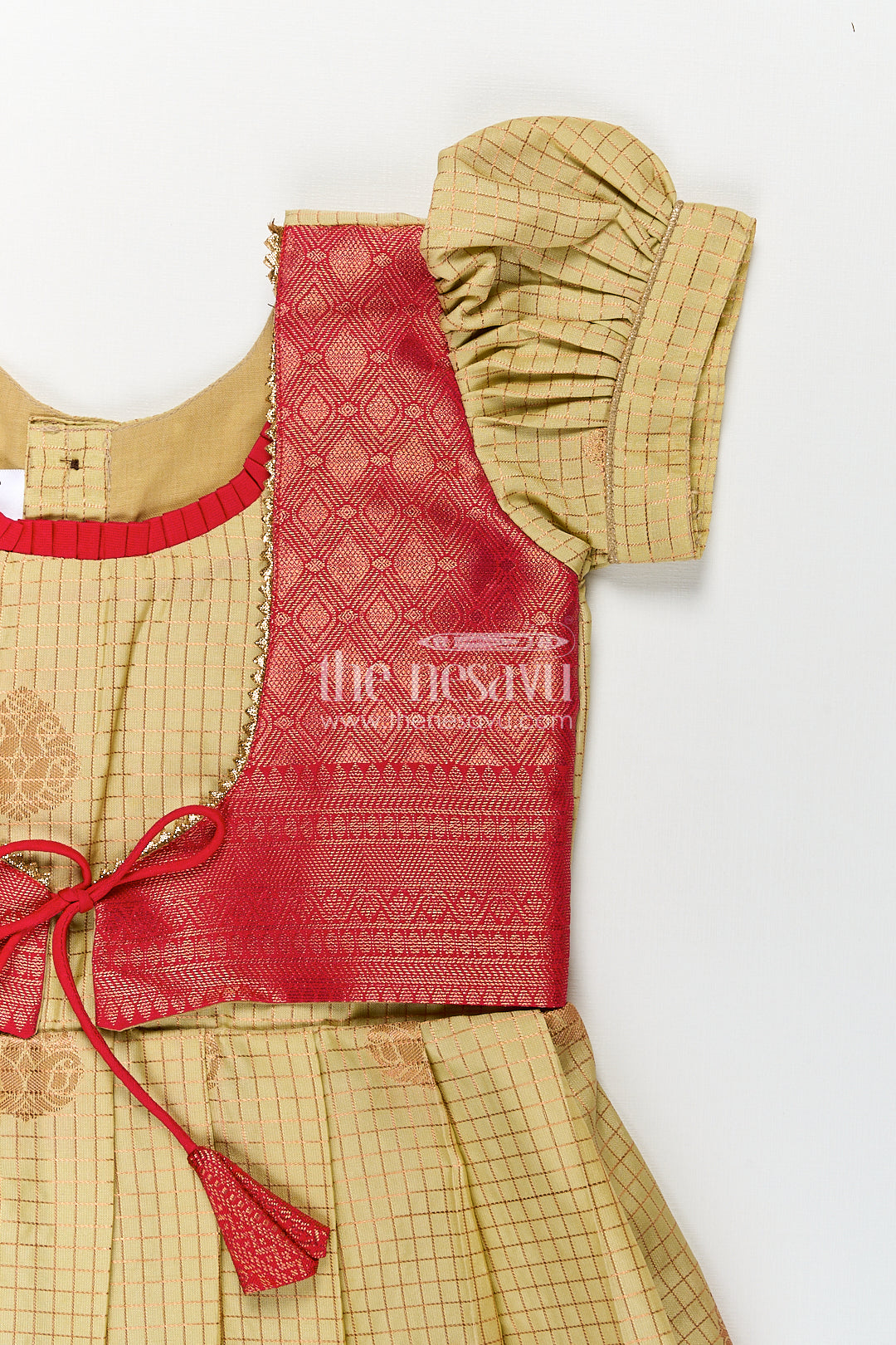 The Nesavu Girls Kanchi Silk Frock Girls Kanchivaram Cream Colour Frocks with Puff Sleeves and Rich Red Zari Border for Elegant Ethnic Appeal Nesavu Nesavu Girls Cream Colour Frocks Kanchivaram Silk Red Zari Border Puff Sleeve Overlay
