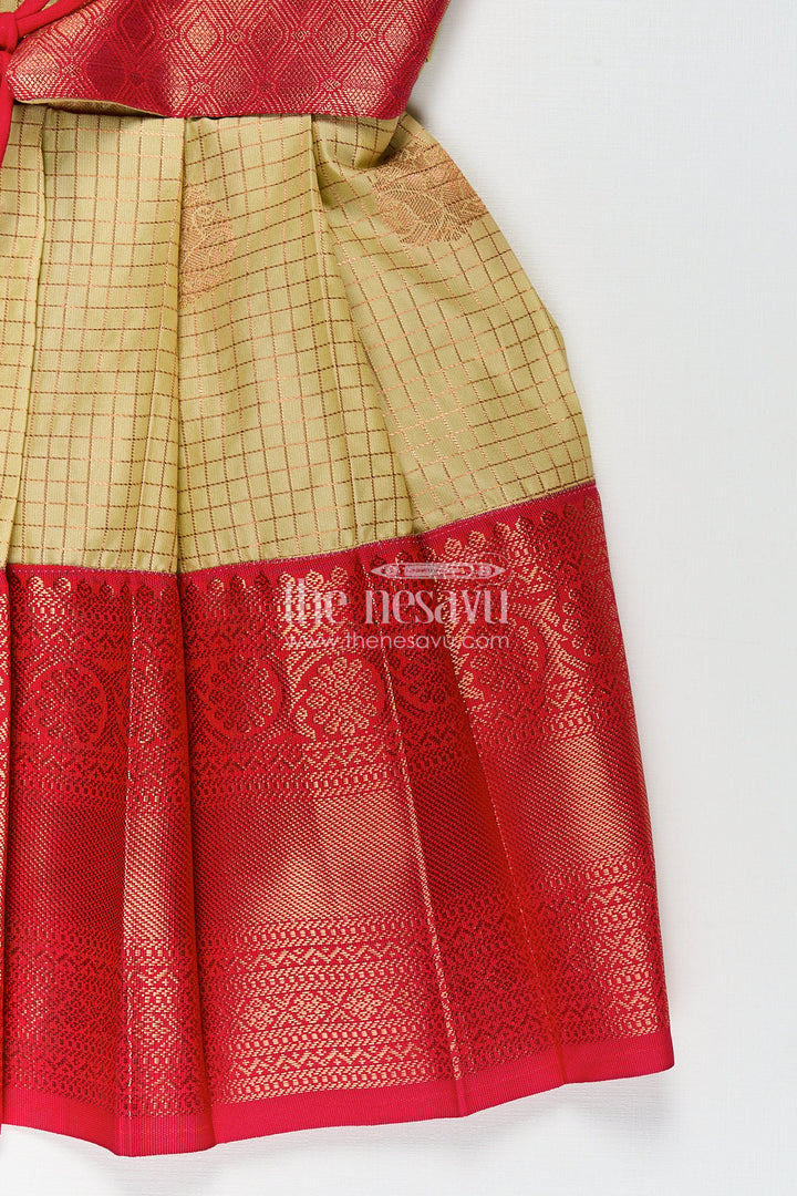 The Nesavu Girls Kanchi Silk Frock Girls Kanchivaram Cream Colour Frocks with Puff Sleeves and Rich Red Zari Border for Elegant Ethnic Appeal Nesavu Nesavu Girls Cream Colour Frocks Kanchivaram Silk Red Zari Border Puff Sleeve Overlay