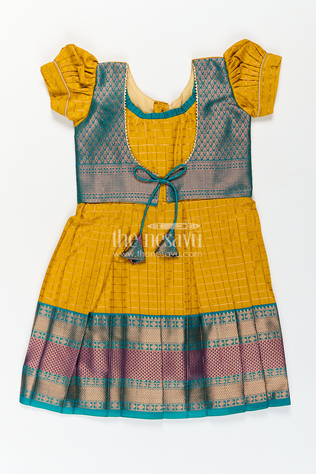 The Nesavu Girls Kanchi Silk Frock Girls Kanchivaram Ethnic Frocks in Mustard Yellow with Green Zari Overlay and Traditional Border Accents Nesavu 16 (1Y) / Yellow / Style 2 SF838BB-16 Nesavu Girls Ethnic Frocks Mustard Green Kanchivaram Silk Zari Border Puff Sleeves