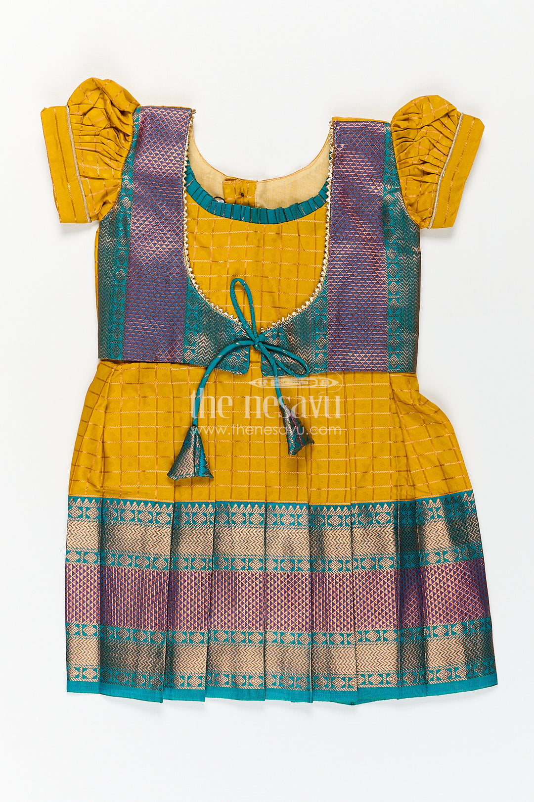 The Nesavu Girls Kanchi Silk Frock Girls Kanchivaram Ethnic Frocks in Mustard Yellow with Green Zari Overlay and Traditional Border Accents Nesavu 16 (1Y) / Yellow / Style 3 SF838BC-16 Nesavu Girls Ethnic Frocks Mustard Green Kanchivaram Silk Zari Border Puff Sleeves