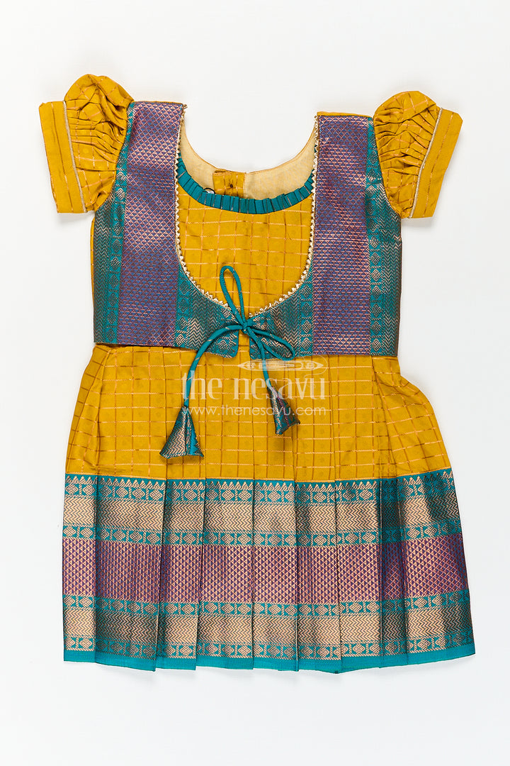 The Nesavu Girls Kanchi Silk Frock Girls Kanchivaram Ethnic Frocks in Mustard Yellow with Green Zari Overlay and Traditional Border Accents Nesavu 16 (1Y) / Yellow / Style 3 SF838BC-16 Nesavu Girls Ethnic Frocks Mustard Green Kanchivaram Silk Zari Border Puff Sleeves