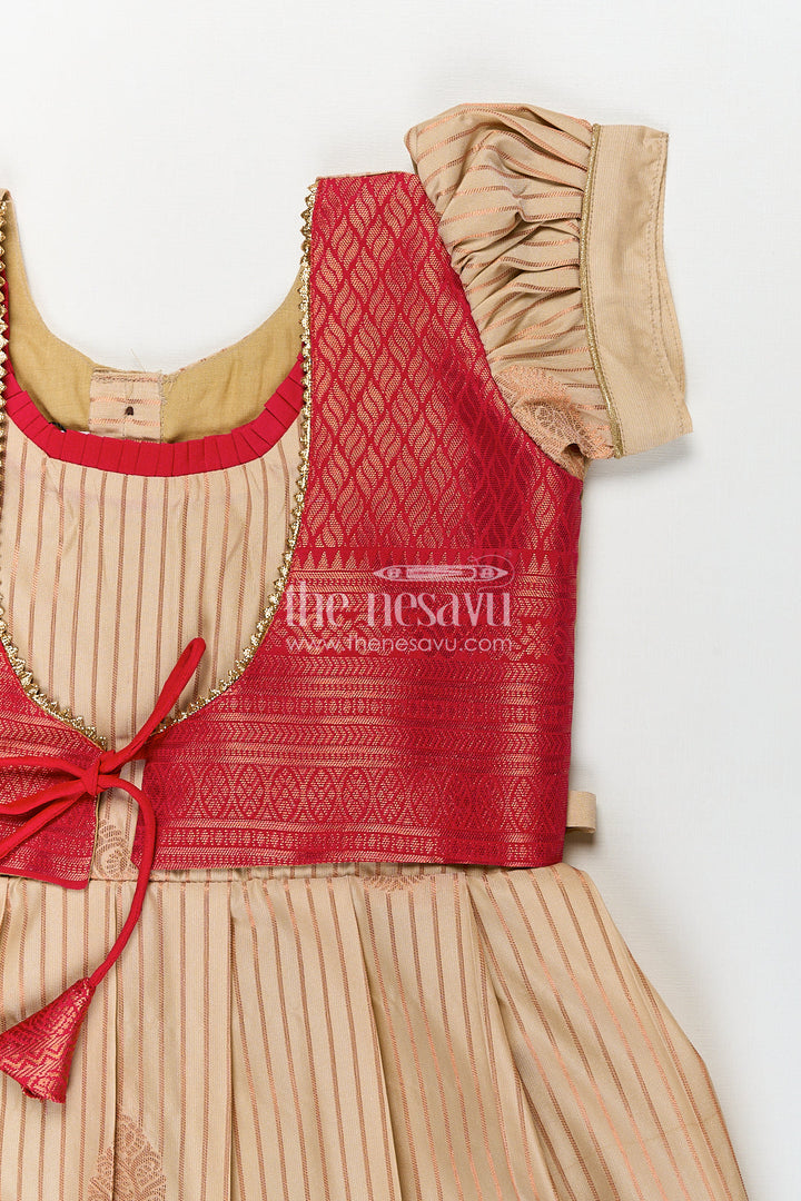The Nesavu Girls Kanchi Silk Frock Girls Kanchivaram Frock Design with Silk Saree Style in Cream and Red with Puff Sleeves and Zari Border Nesavu Nesavu Girls Frock Design Silk Saree Styling Cream Red Kanchivaram Silk Zari Border Finish