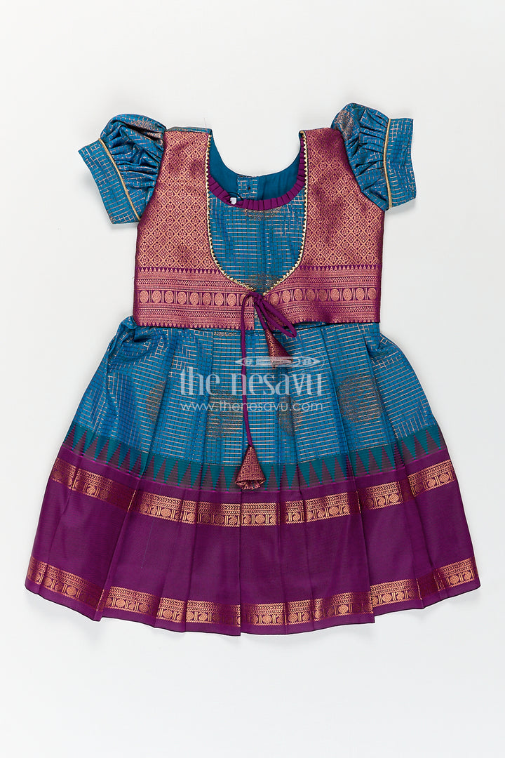 The Nesavu Girls Kanchi Silk Frock Girls Kanchivaram Frock Silk Design in Blue and Purple with Puff Sleeves and Rich Zari Woven Patterns Nesavu 14 (6M) / Blue / Style 2 SF857FB-14 Nesavu Girls Frock Silk Design Blue Purple Kanchivaram Silk Puff Sleeves Zari Details