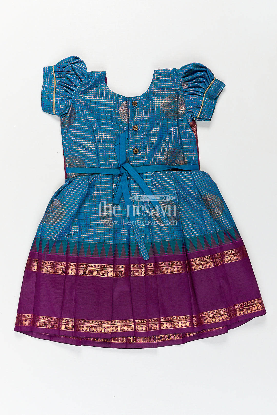 The Nesavu Girls Kanchi Silk Frock Girls Kanchivaram Frock Silk Design in Blue and Purple with Puff Sleeves and Rich Zari Woven Patterns Nesavu Nesavu Girls Frock Silk Design Blue Purple Kanchivaram Silk Puff Sleeves Zari Details