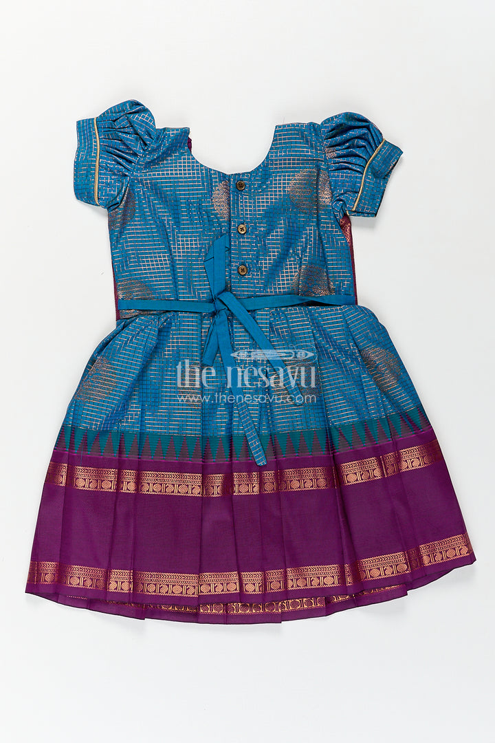 The Nesavu Girls Kanchi Silk Frock Girls Kanchivaram Frock Silk Design in Blue and Purple with Puff Sleeves and Rich Zari Woven Patterns Nesavu Nesavu Girls Frock Silk Design Blue Purple Kanchivaram Silk Puff Sleeves Zari Details