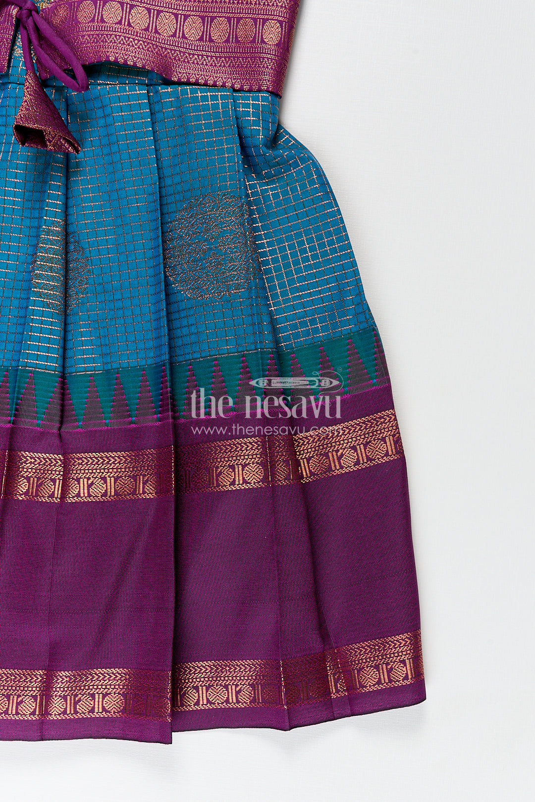 The Nesavu Girls Kanchi Silk Frock Girls Kanchivaram Frock Silk Design in Blue and Purple with Puff Sleeves and Rich Zari Woven Patterns Nesavu Nesavu Girls Frock Silk Design Blue Purple Kanchivaram Silk Puff Sleeves Zari Details