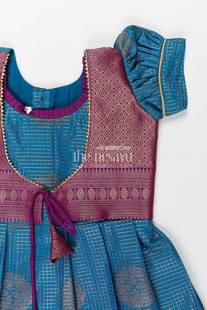 The Nesavu Girls Kanchi Silk Frock Girls Kanchivaram Frock Silk Design in Blue and Purple with Puff Sleeves and Rich Zari Woven Patterns Nesavu Nesavu Girls Frock Silk Design Blue Purple Kanchivaram Silk Puff Sleeves Zari Details
