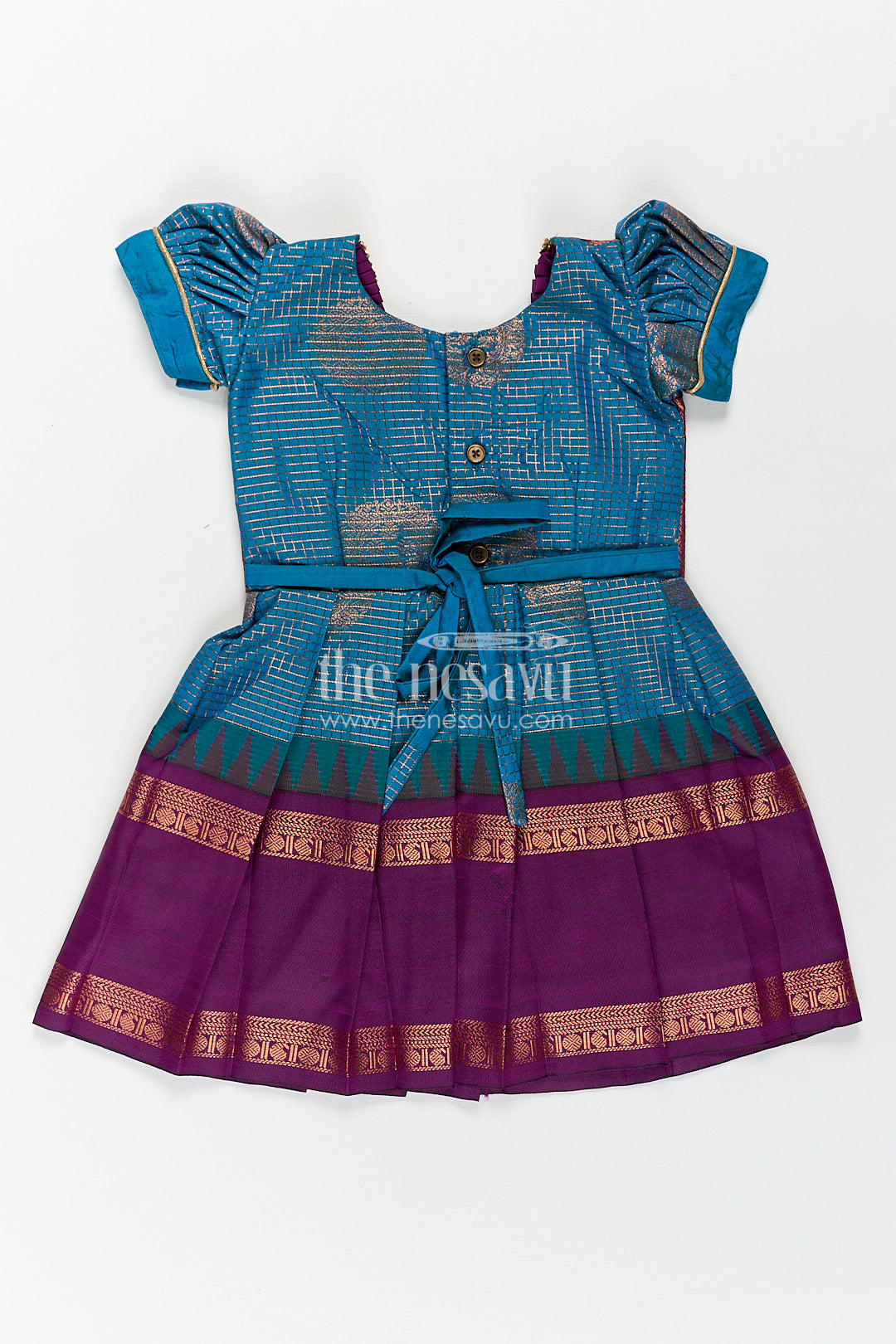 The Nesavu Girls Kanchi Silk Frock Girls Kanchivaram Frock Silk Design in Blue and Purple with Puff Sleeves and Rich Zari Woven Patterns Nesavu Nesavu Girls Frock Silk Design Blue Purple Kanchivaram Silk Puff Sleeves Zari Details