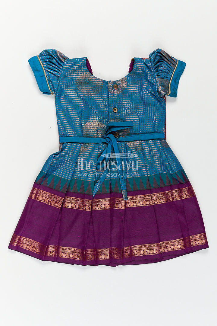 The Nesavu Girls Kanchi Silk Frock Girls Kanchivaram Frock Silk Design in Blue and Purple with Puff Sleeves and Rich Zari Woven Patterns Nesavu Nesavu Girls Frock Silk Design Blue Purple Kanchivaram Silk Puff Sleeves Zari Details