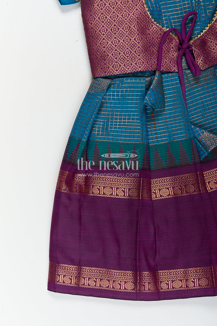 The Nesavu Girls Kanchi Silk Frock Girls Kanchivaram Frock Silk Design in Blue and Purple with Puff Sleeves and Rich Zari Woven Patterns Nesavu Nesavu Girls Frock Silk Design Blue Purple Kanchivaram Silk Puff Sleeves Zari Details