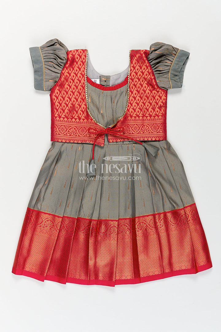 The Nesavu Girls Kanchi Silk Frock Girls Kanchivaram Long Pattu Frock with Puff Sleeves in Grey Silk and Rich Red Zari Border Finish Nesavu 14 (6M) / Gray / Style 2 SF842AB-14 Nesavu Girls Long Pattu Frock Grey Kanchivaram Silk Red Zari Overlay Traditional Pleated Design