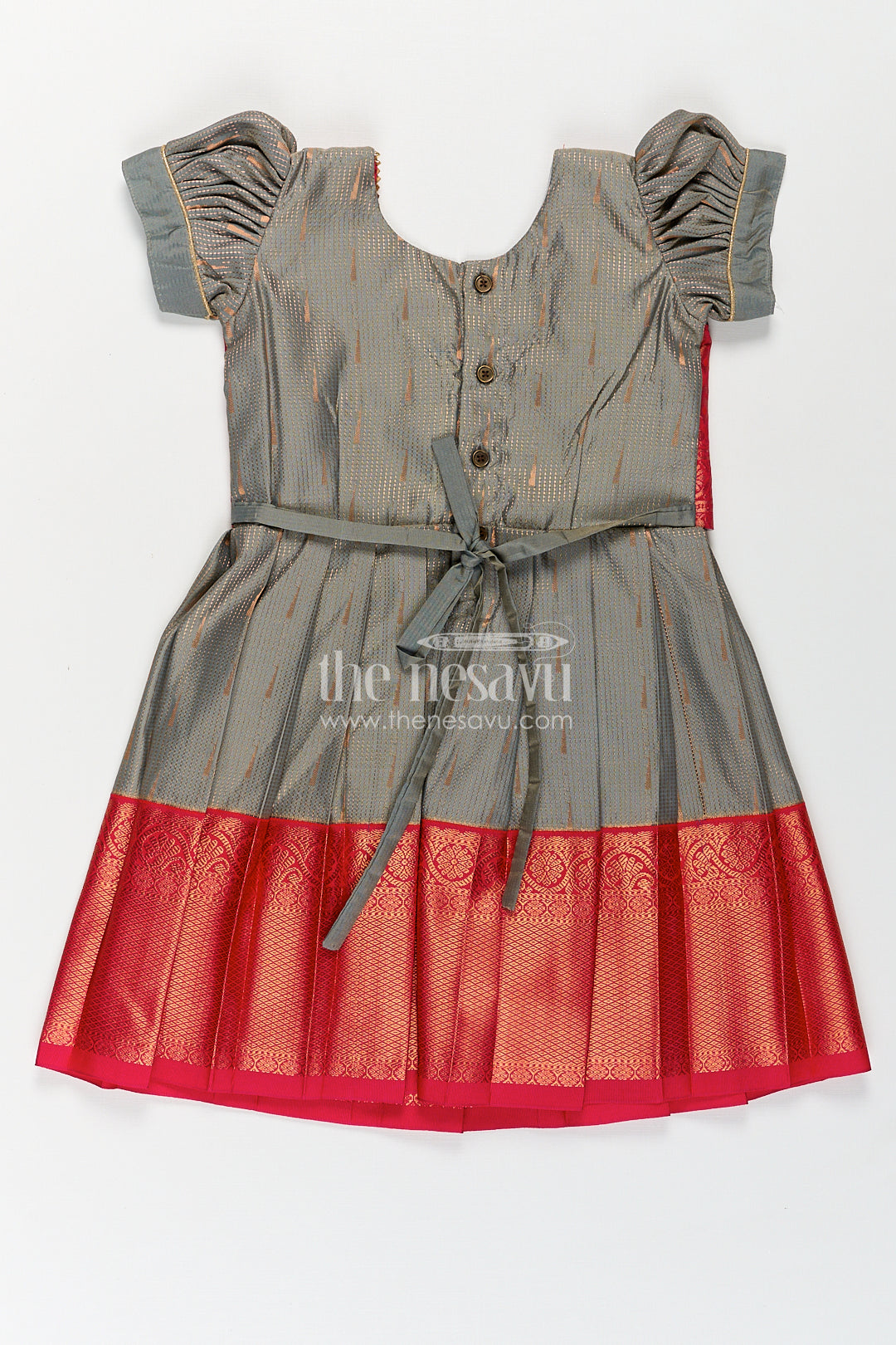 The Nesavu Girls Kanchi Silk Frock Girls Kanchivaram Long Pattu Frock with Puff Sleeves in Grey Silk and Rich Red Zari Border Finish Nesavu Nesavu Girls Long Pattu Frock Grey Kanchivaram Silk Red Zari Overlay Traditional Pleated Design