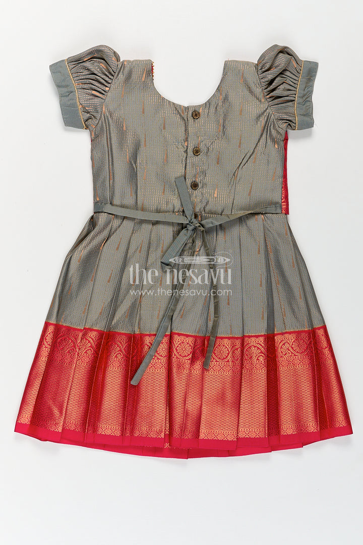 The Nesavu Girls Kanchi Silk Frock Girls Kanchivaram Long Pattu Frock with Puff Sleeves in Grey Silk and Rich Red Zari Border Finish Nesavu Nesavu Girls Long Pattu Frock Grey Kanchivaram Silk Red Zari Overlay Traditional Pleated Design