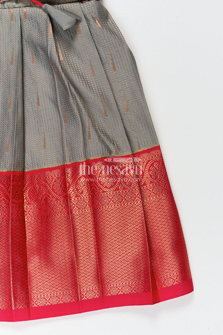 The Nesavu Girls Kanchi Silk Frock Girls Kanchivaram Long Pattu Frock with Puff Sleeves in Grey Silk and Rich Red Zari Border Finish Nesavu Nesavu Girls Long Pattu Frock Grey Kanchivaram Silk Red Zari Overlay Traditional Pleated Design