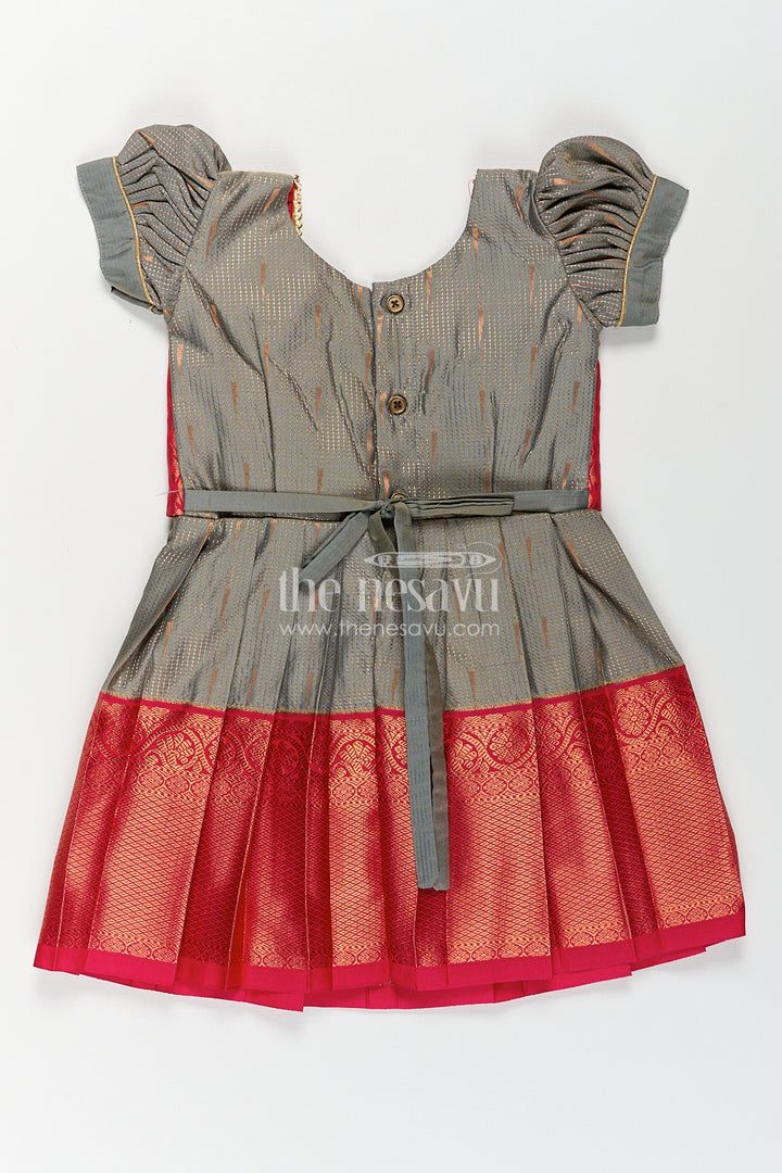 The Nesavu Girls Kanchi Silk Frock Girls Kanchivaram Long Pattu Frock with Puff Sleeves in Grey Silk and Rich Red Zari Border Finish Nesavu Nesavu Girls Long Pattu Frock Grey Kanchivaram Silk Red Zari Overlay Traditional Pleated Design