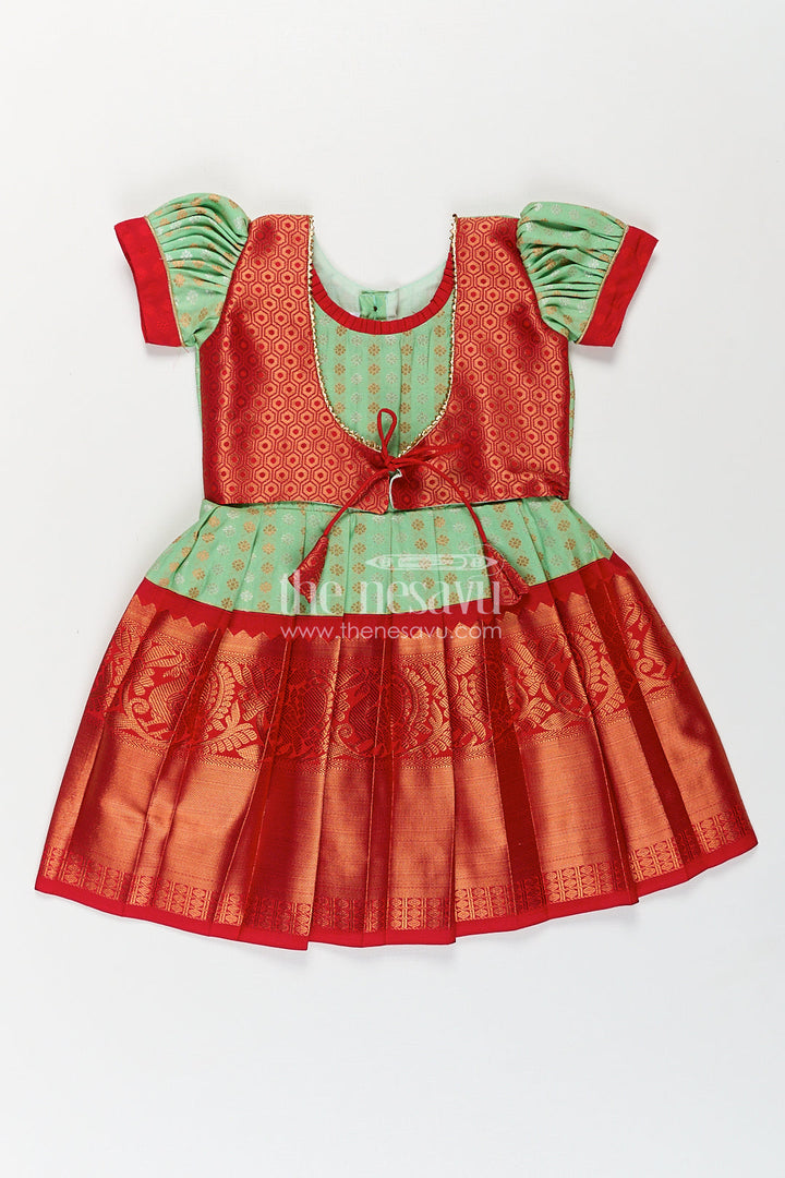 The Nesavu Girls Kanchi Silk Frock Girls Kanchivaram Pattu Saree Long Frock with Puff Sleeves in Green and Red Zari Woven Traditional Style Nesavu 14 (6M) / Green / Style 1 SF847AA-14 Nesavu Girls Pattu Saree Long Frock Kanchivaram Silk Green Body Red Zari Pleated Border