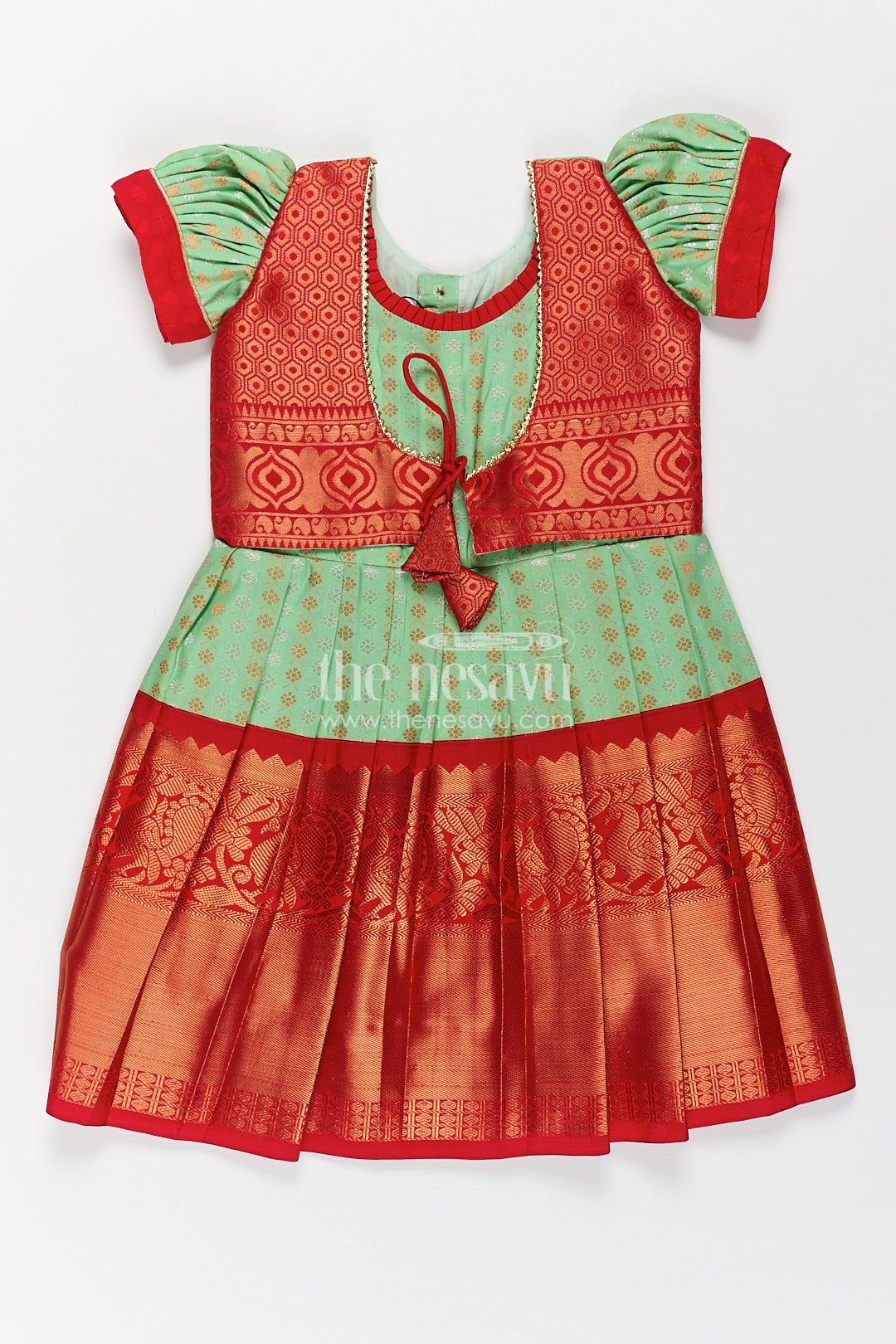 The Nesavu Girls Kanchi Silk Frock Girls Kanchivaram Pattu Saree Long Frock with Puff Sleeves in Green and Red Zari Woven Traditional Style Nesavu 14 (6M) / Green / Style 2 SF847AB-14 Nesavu Girls Pattu Saree Long Frock Kanchivaram Silk Green Body Red Zari Pleated Border