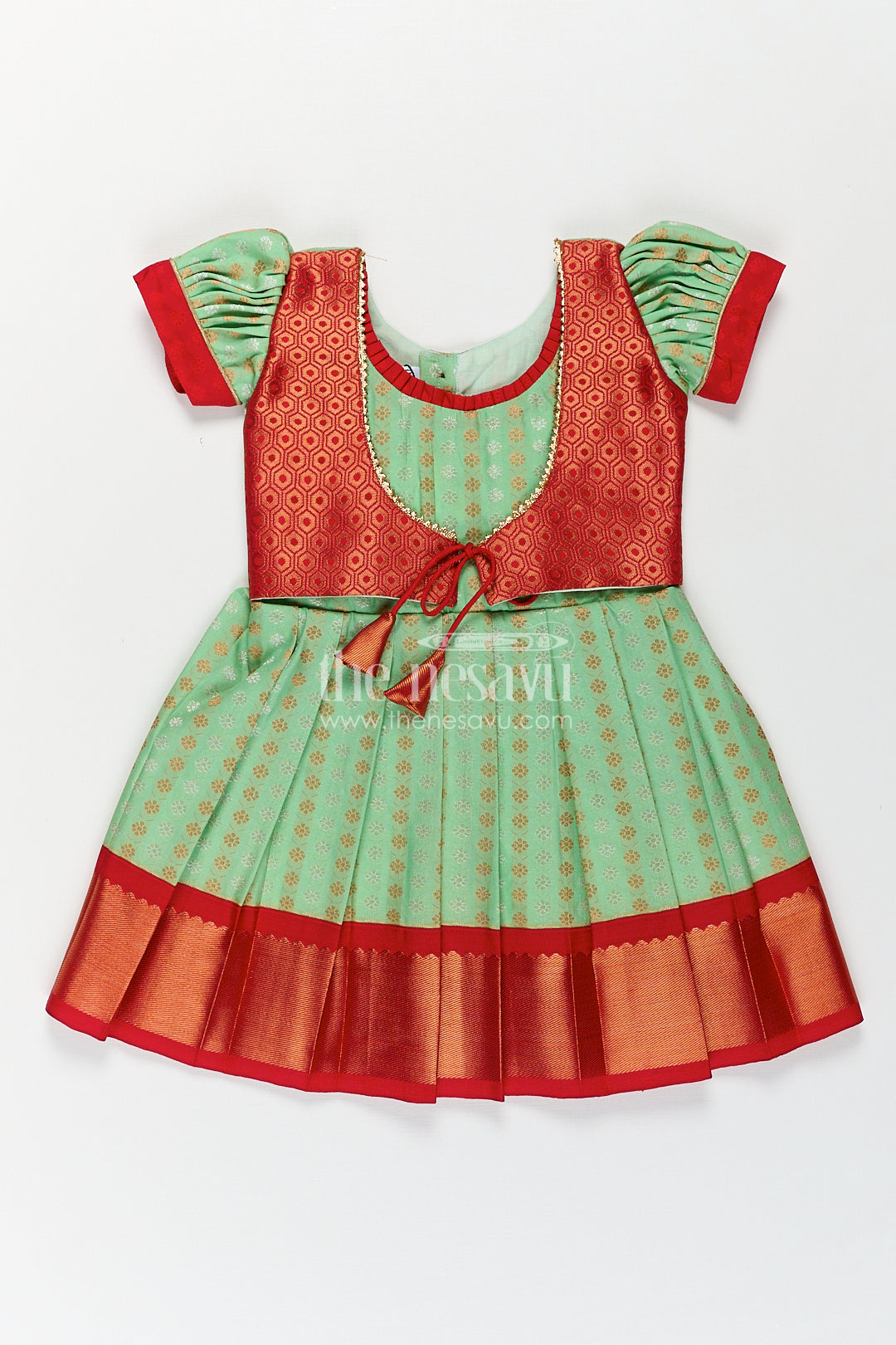 The Nesavu Girls Kanchi Silk Frock Girls Kanchivaram Pattu Saree Long Frock with Puff Sleeves in Green and Red Zari Woven Traditional Style Nesavu 14 (6M) / Green / Style 3 SF847AC-14 Nesavu Girls Pattu Saree Long Frock Kanchivaram Silk Green Body Red Zari Pleated Border