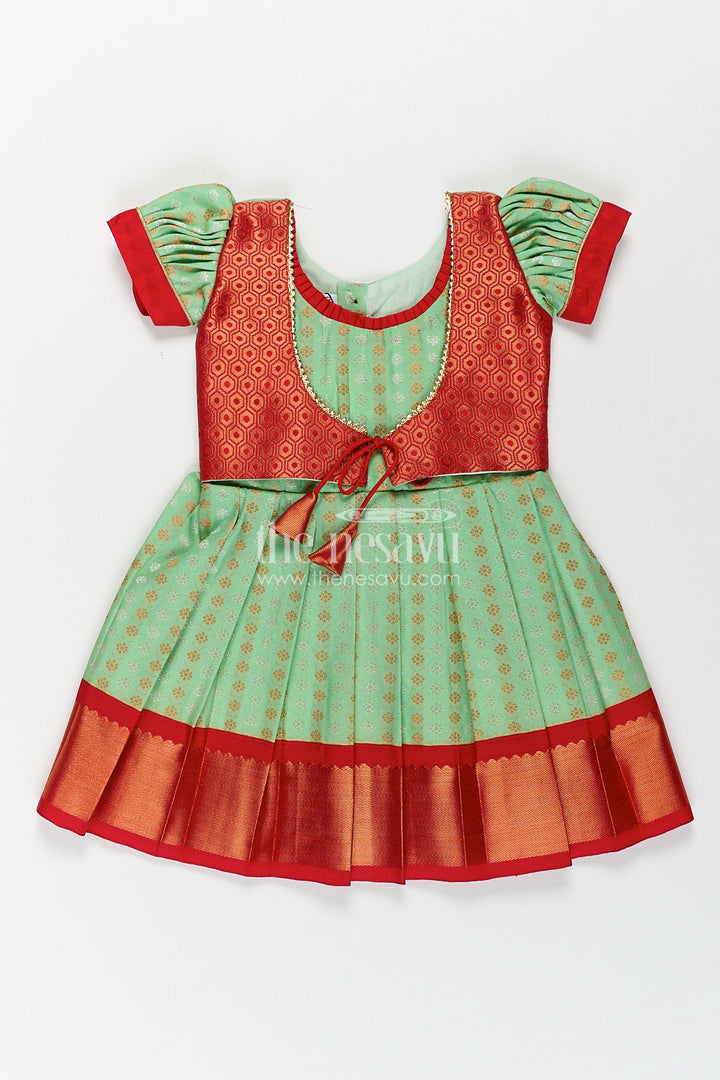 The Nesavu Girls Kanchi Silk Frock Girls Kanchivaram Pattu Saree Long Frock with Puff Sleeves in Green and Red Zari Woven Traditional Style Nesavu 14 (6M) / Green / Style 3 SF847AC-14 Nesavu Girls Pattu Saree Long Frock Kanchivaram Silk Green Body Red Zari Pleated Border