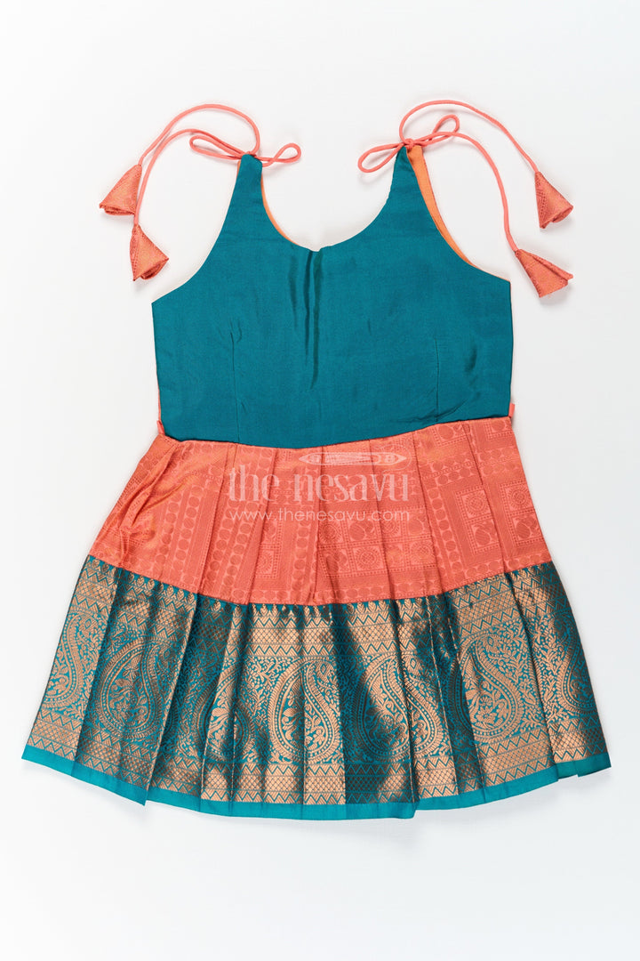 The Nesavu Tie-up Frock Girls Kanchivaram Silk Tie Up Frock in Orange and Teal with Traditional Zari Weave and Shoulder Tassels Nesavu 16 (1Y) / Green / Style 2 SF832AB-16 Kanchivaram Silk Tie Up Frock for Girls in Orange and Teal with Traditional Zari Design | The Nesavu
