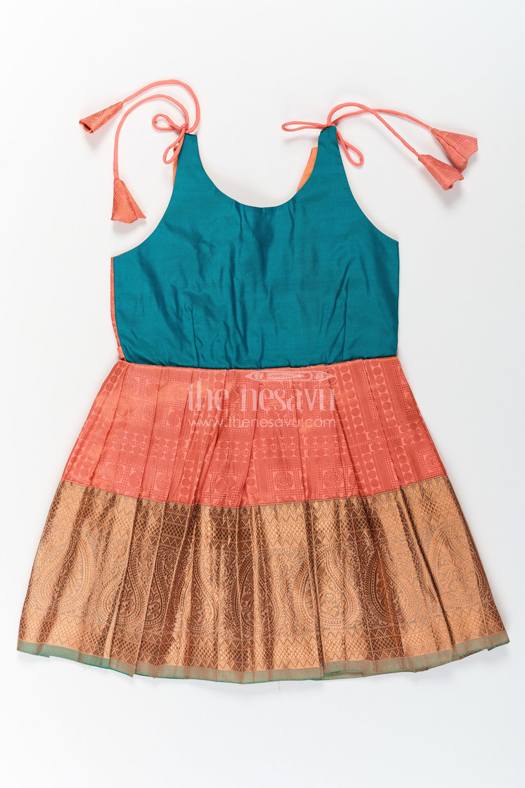 The Nesavu Tie-up Frock Girls Kanchivaram Silk Tie Up Frock in Orange and Teal with Traditional Zari Weave and Shoulder Tassels Nesavu 16 (1Y) / Green / Style 3 SF832AC-16 Kanchivaram Silk Tie Up Frock for Girls in Orange and Teal with Traditional Zari Design | The Nesavu