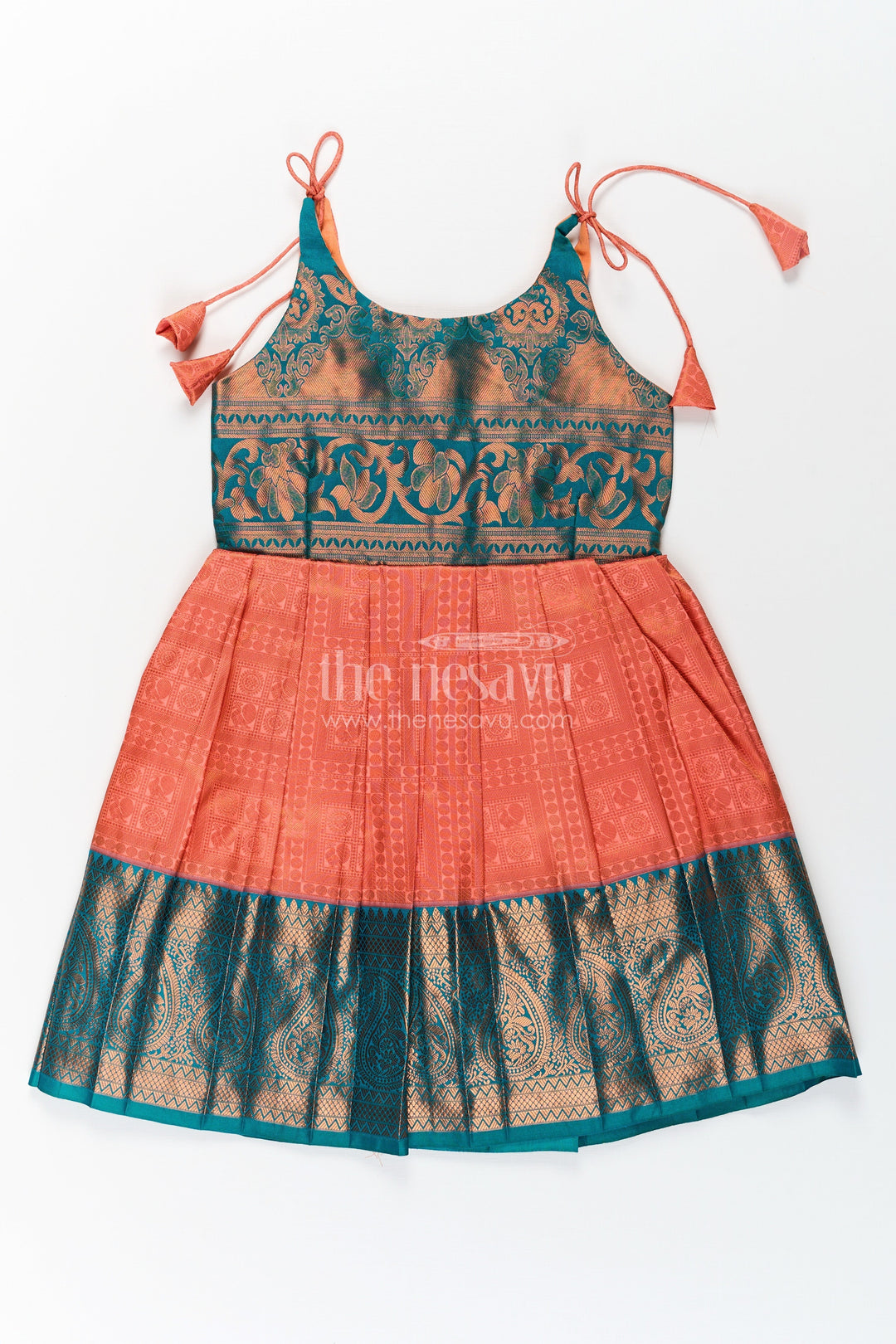 The Nesavu Tie-up Frock Girls Kanchivaram Silk Tie Up Frock in Orange and Teal with Traditional Zari Weave and Shoulder Tassels Nesavu 20 (3Y) / Green / Style 1 SF832AA-20 Kanchivaram Silk Tie Up Frock for Girls in Orange and Teal with Traditional Zari Design | The Nesavu