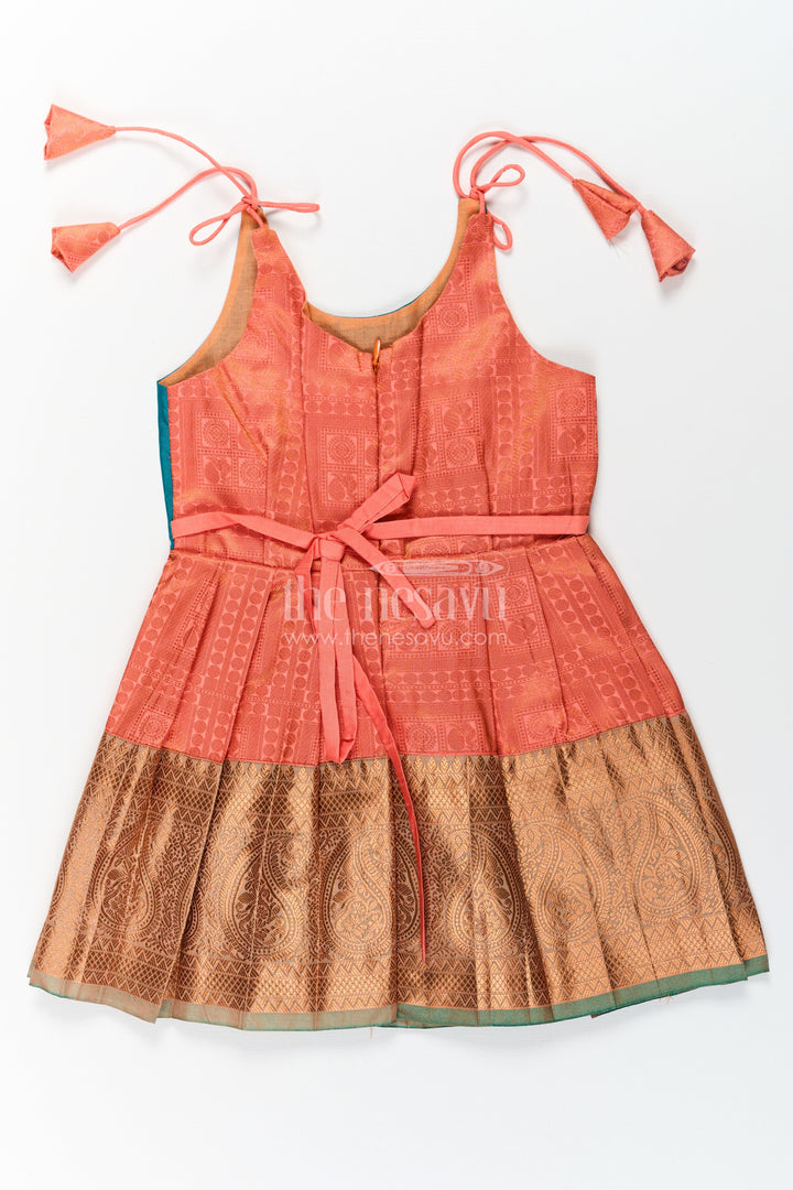 The Nesavu Tie-up Frock Girls Kanchivaram Silk Tie Up Frock in Orange and Teal with Traditional Zari Weave and Shoulder Tassels Nesavu Kanchivaram Silk Tie Up Frock for Girls in Orange and Teal with Traditional Zari Design | The Nesavu