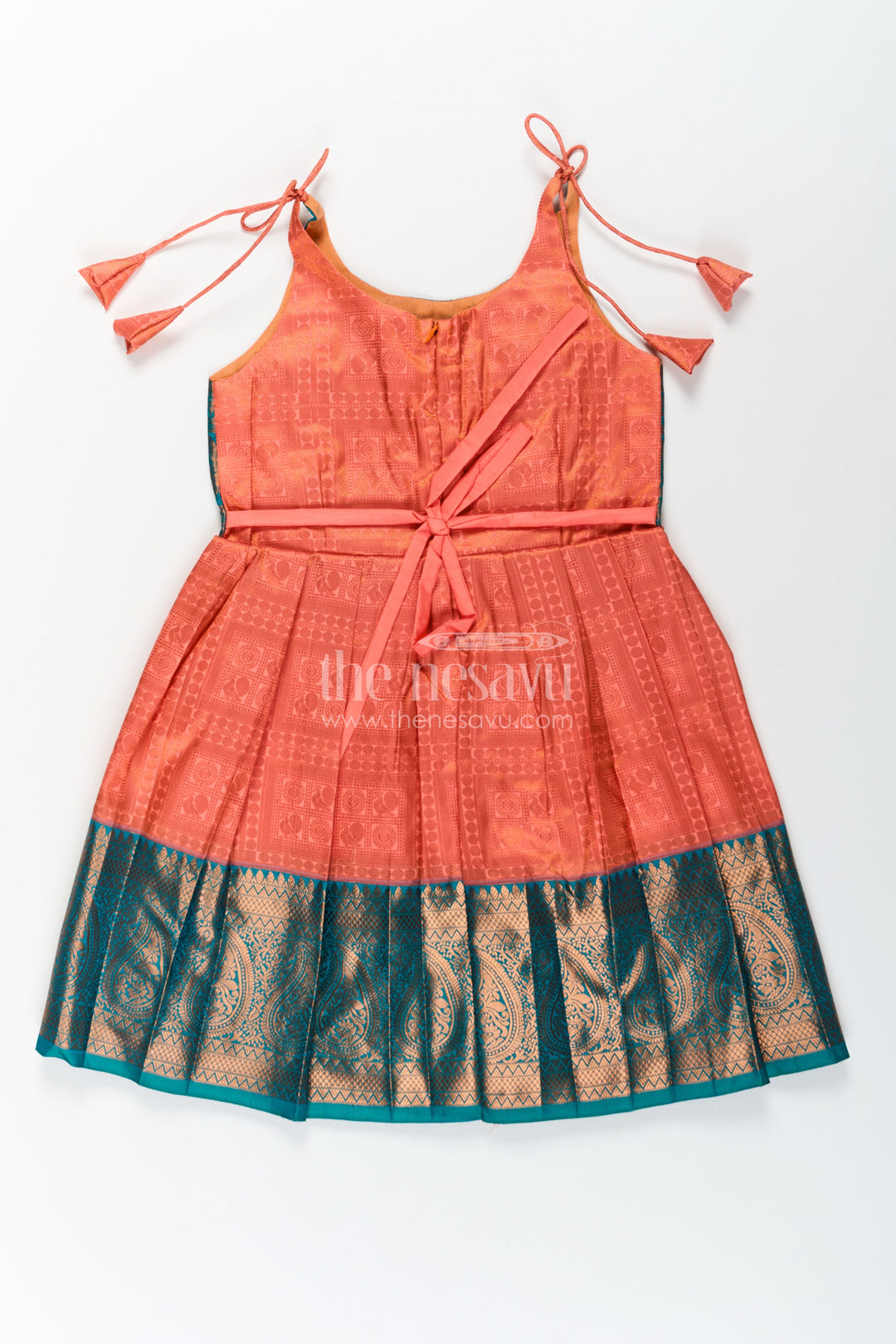 The Nesavu Tie-up Frock Girls Kanchivaram Silk Tie Up Frock in Orange and Teal with Traditional Zari Weave and Shoulder Tassels Nesavu Kanchivaram Silk Tie Up Frock for Girls in Orange and Teal with Traditional Zari Design | The Nesavu