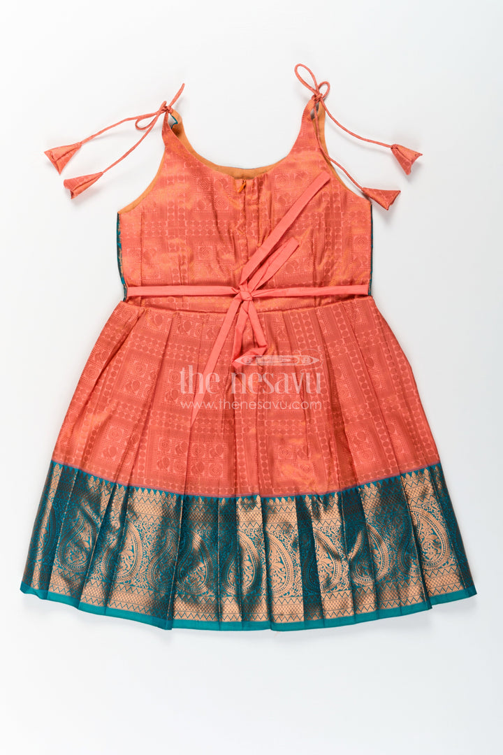 The Nesavu Tie-up Frock Girls Kanchivaram Silk Tie Up Frock in Orange and Teal with Traditional Zari Weave and Shoulder Tassels Nesavu Kanchivaram Silk Tie Up Frock for Girls in Orange and Teal with Traditional Zari Design | The Nesavu