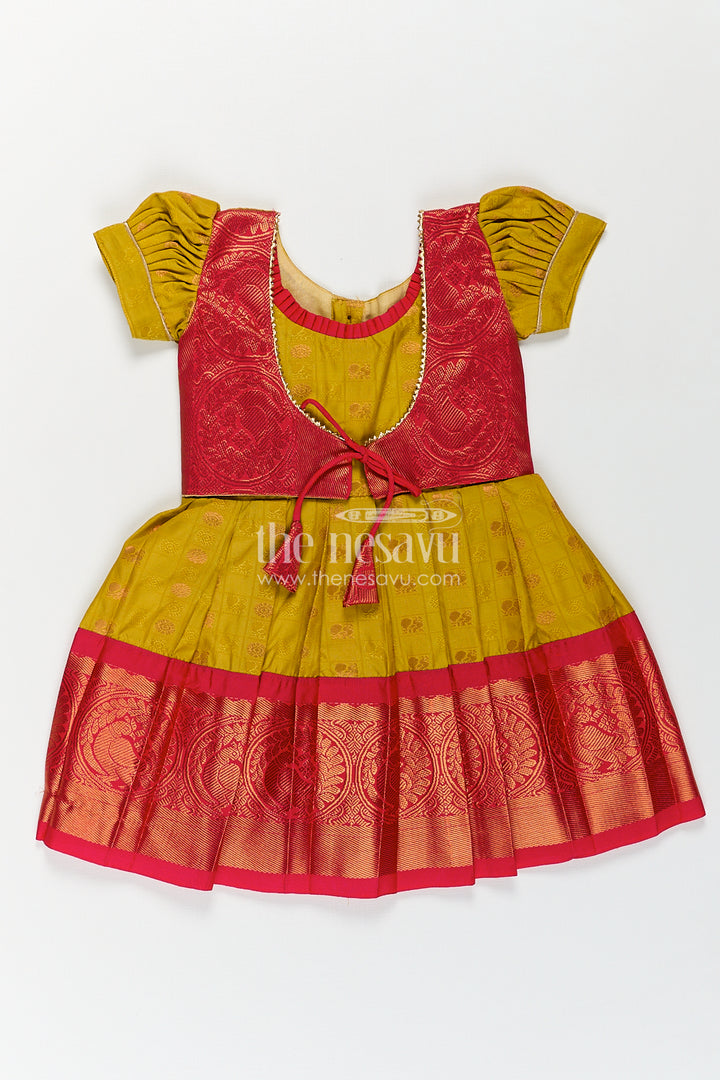 The Nesavu Girls Kanchi Silk Frock Girls Kanchivaram Yellow Silk Frock with Puff Sleeves and Contrast Maroon Zari Woven Border Design Nesavu 16 (1Y) / Yellow / Style 3 SF836AC-16 Nesavu Girls Yellow Silk Frock Kanchivaram Style Maroon Zari Border Puff Sleeve Detailing