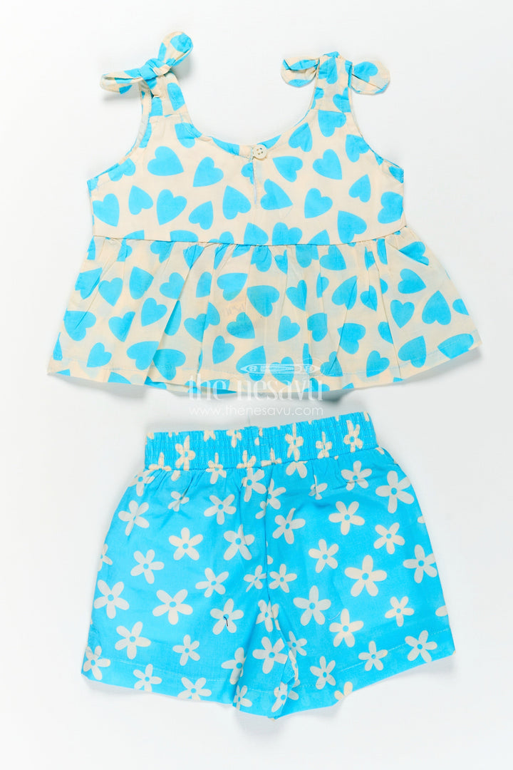 The Nesavu Baby Casual Sets Girls Kids Dresses in Blue Cotton with Heart and Floral Digital Prints and Matching Shorts Set Nesavu 12 (3M) / Blue BFJ795A-12 Girls Cotton Kids Dresses Set Blue Heart Print Top Floral Shorts Everyday Fun | The Nesavu