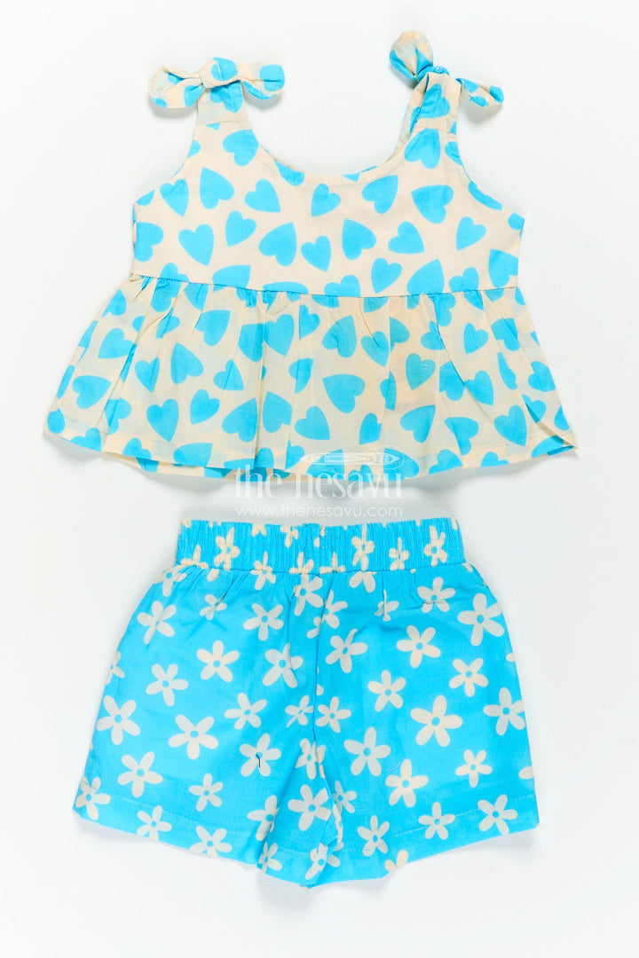 The Nesavu Baby Casual Sets Girls Kids Dresses in Blue Cotton with Heart and Floral Digital Prints and Matching Shorts Set Nesavu Girls Cotton Kids Dresses Set Blue Heart Print Top Floral Shorts Everyday Fun | The Nesavu