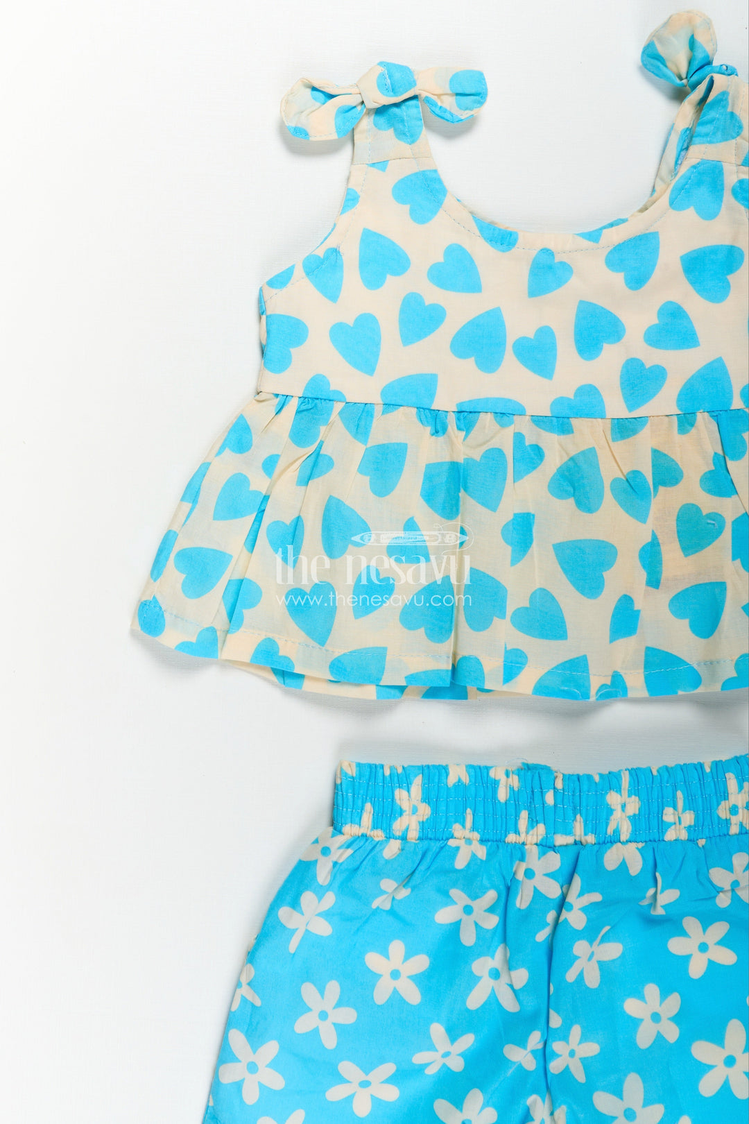 The Nesavu Baby Casual Sets Girls Kids Dresses in Blue Cotton with Heart and Floral Digital Prints and Matching Shorts Set Nesavu Girls Cotton Kids Dresses Set Blue Heart Print Top Floral Shorts Everyday Fun | The Nesavu