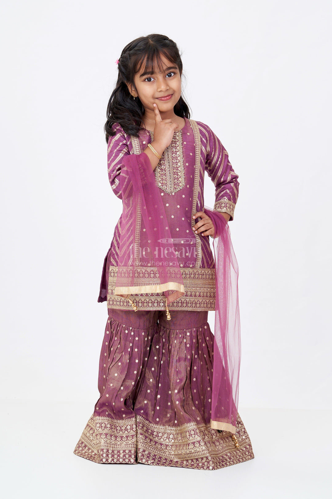 The Nesavu Girls Sharara / Plazo Set Girls Kurta Sharara Set with Heavy Embroidery and Elegant Dupatta for Festive Wear Nesavu 24 (5Y) / Magenta GPS516A-24 Girls Kurta Sharara Set Heavy Embroidery Elegant Dupatta Festive Wear | The Nesavu