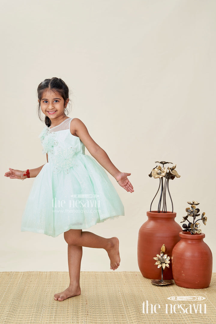 The Nesavu Girls Fancy Party Frock Girls Lace Party Dress Elegant Outfit for Celebrations Nesavu 16 (1Y) / Green PF231C-16 Nesavu Mint Green Lace Girls Party Frock Glitter Tulle Floral Appliqu Detailing