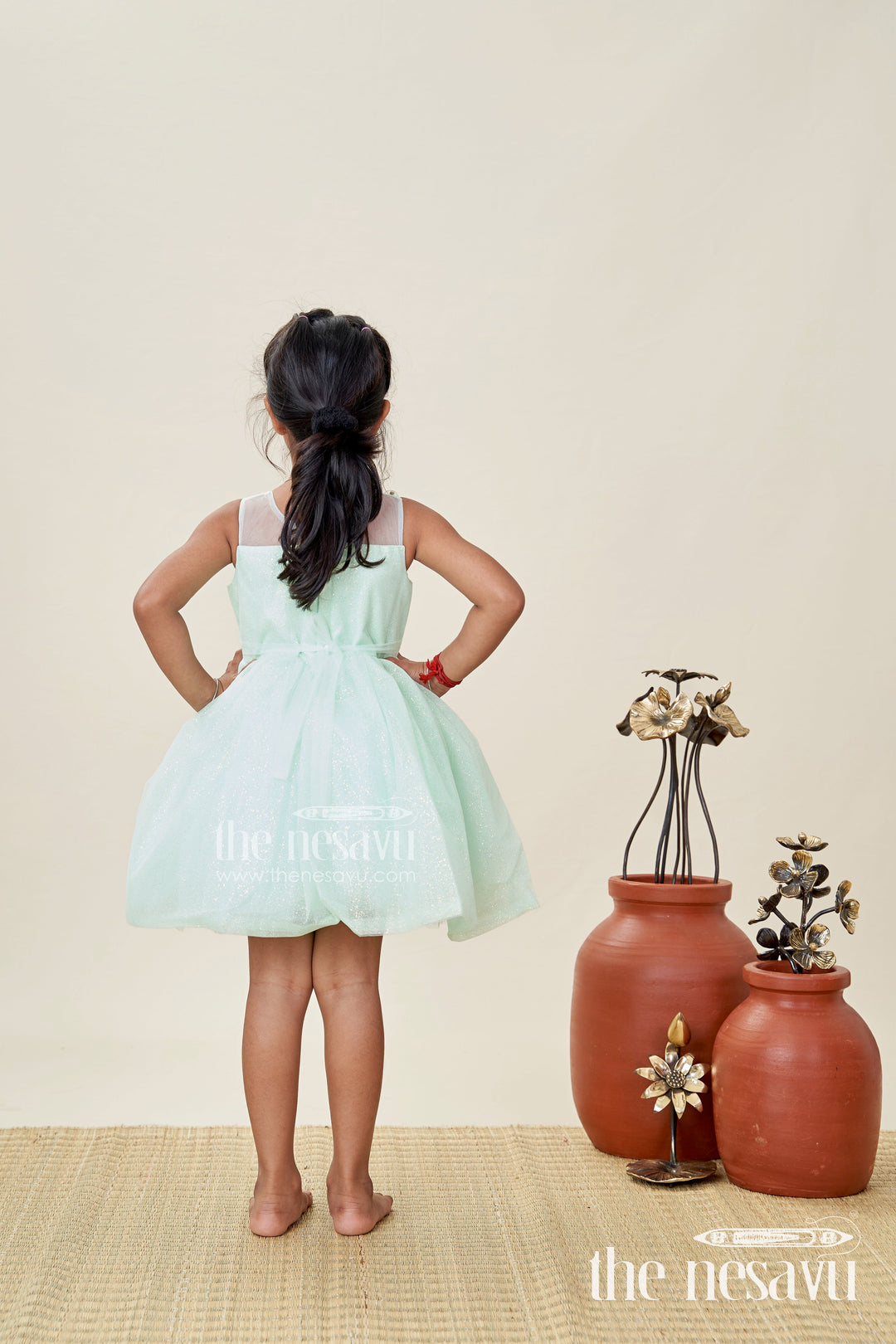 The Nesavu Girls Fancy Party Frock Girls Lace Party Dress Elegant Outfit for Celebrations Nesavu Nesavu Mint Green Lace Girls Party Frock Glitter Tulle Floral Appliqu Detailing