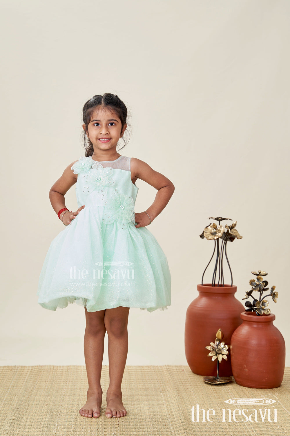 The Nesavu Girls Fancy Party Frock Girls Lace Party Dress Elegant Outfit for Celebrations Nesavu Nesavu Mint Green Lace Girls Party Frock Glitter Tulle Floral Appliqu Detailing